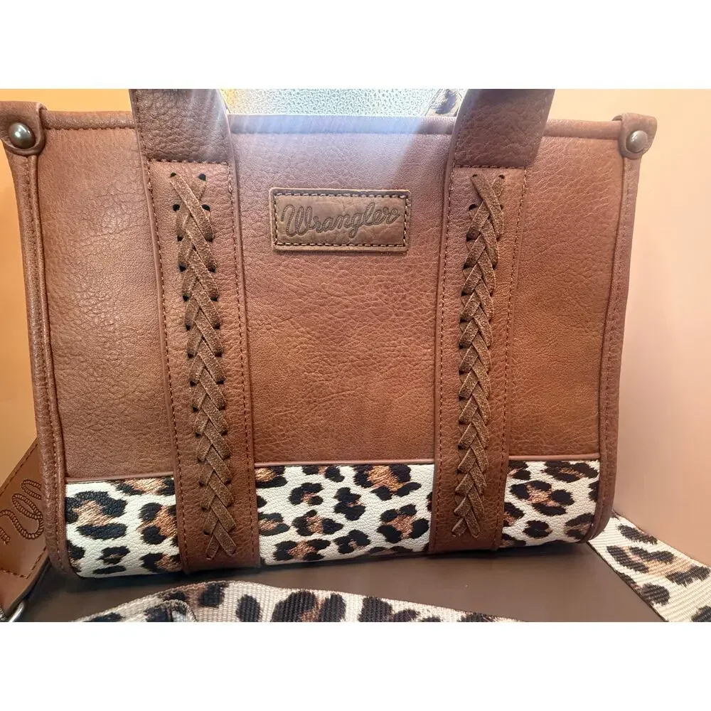 Wrangler Brown Leopard Print Satchel Crossbody Handbag Western Purse - Picture 2 of 13